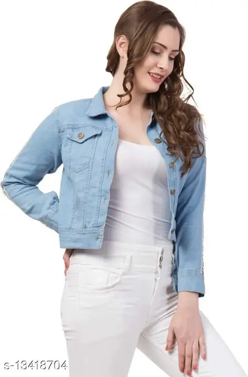 Light blue denim jacket by 69 Fashion Street, solid pattern on three-quarter sleeves for women's casual wear
