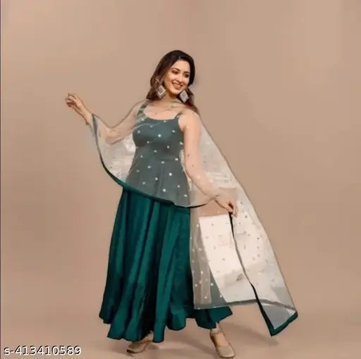 Art Silk green women's gowns with dupatta set, cream color dupatta, various sizes available (S-6XL), Indian origin