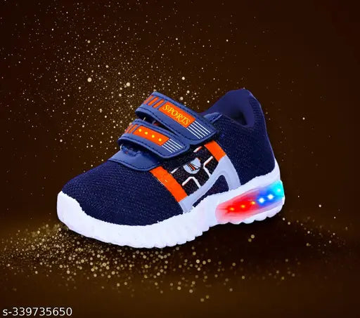 Orange and blue LED sports shoes with velcro closures, lightweight material for outdoor activities