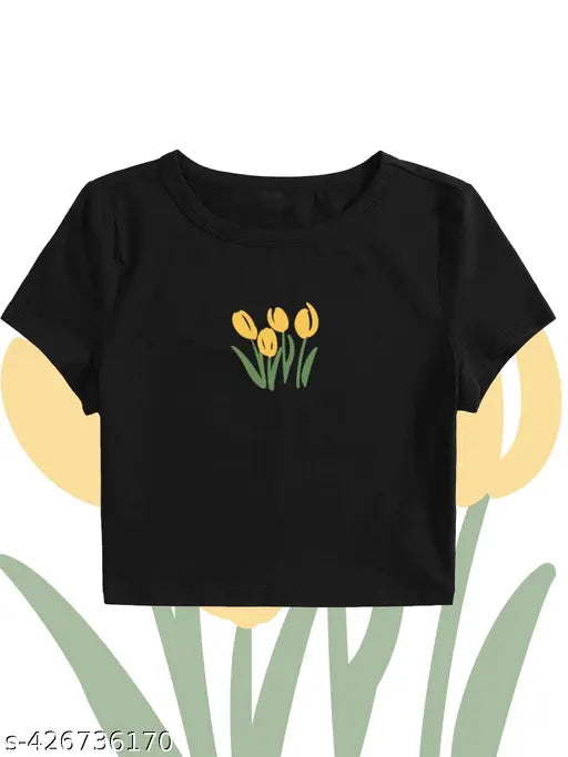 Women's crop printed cotton t-shirt, short sleeves with vibrant print, size XS (34in bust, 16in length)