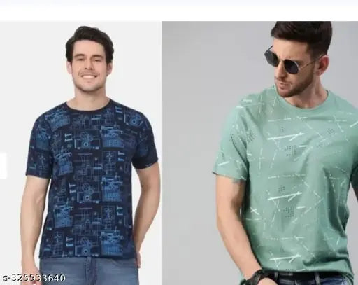 Trending cotton blend men's t-shirts, short sleeves, printed pattern, two pack. Size options M, L, XL
