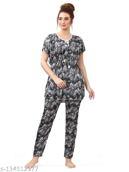 Satin kaftan night suit set, printed pattern, lounge & sleepwear