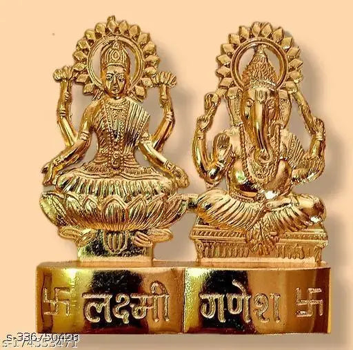 Brass Ganesh-Lakshmi set (4x4 inches), traditional Hindu idols for home decor and worship, Indian handcrafted