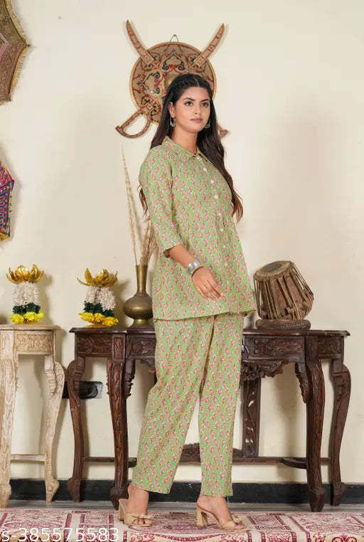 Green rayon floral shirt nightgown set, pack of 2 for women's stylish sleepwear