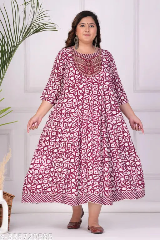HPJ Women's embroidered cotton Anarkali Kurta in rayon, three-quarter sleeves. Vibrant printed ethnic wear for women, perfect for occasions. Made in India