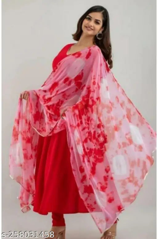 Red rayon Anarkali Kurta with attached dupatta, flattering silhouette for festive occasions in India