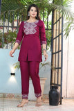 Maroon rayon cord set for women, three-quarter sleeves, Indian made