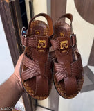 Brown woven leather sandal with black straps and buckle