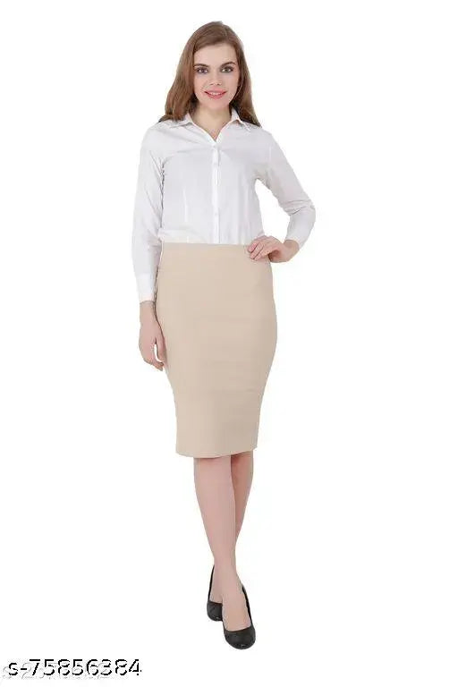 Women's stretchable midi pencil skirt in a beige color with an elasticated waist, knee length