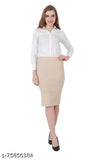 Women's stretchable midi pencil skirt in a beige color with an elasticated waist, knee length