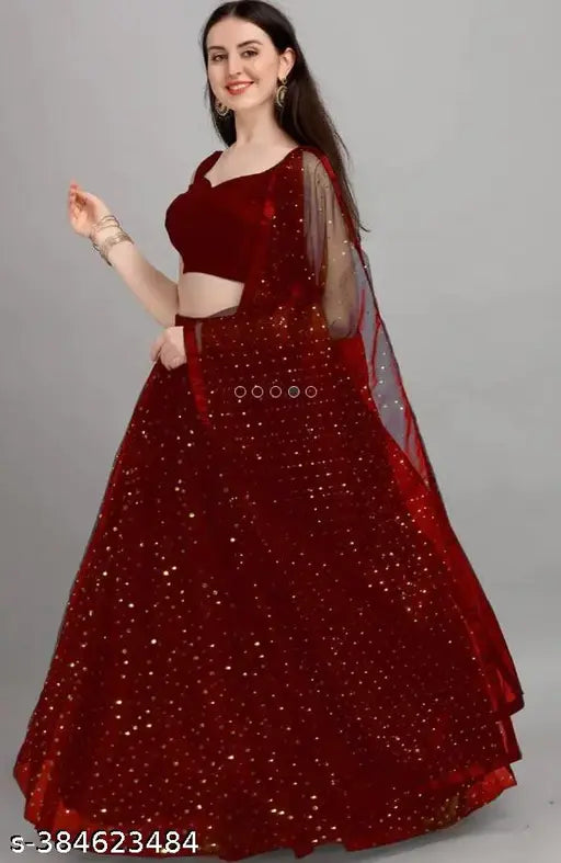 Maroon satin and net lehenga set with embellished dupatta, golden tikli work, Indian bridalwear new arrival