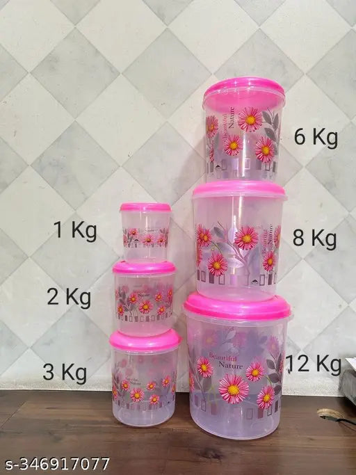 A stack of colorful plastic containers, varying in size from 1kg to 12kg. Each container has a vibrant floral print. The containers are clear and have lids with printed designs. Set of 6