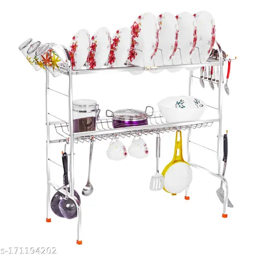 Stainless steel dish rack with two shelves and a plate cutlery stand, over sink in kitchen