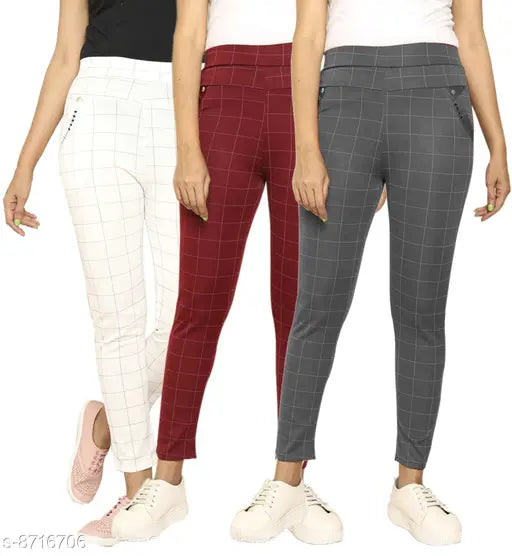 Lycra checkered jeggings combo pack for women, three pairs in sizes 26, 30, and 34