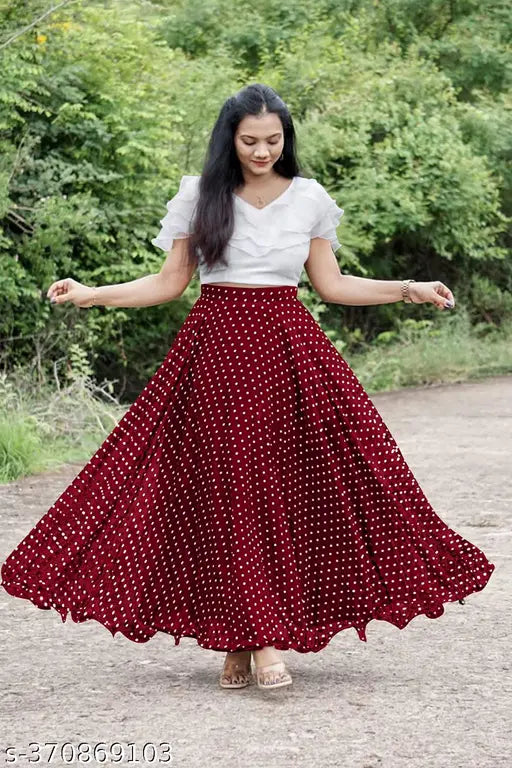 Red ruffle hem georgette skirt with high waist and fitted bodice