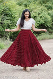 Red ruffle hem georgette skirt with high waist and fitted bodice