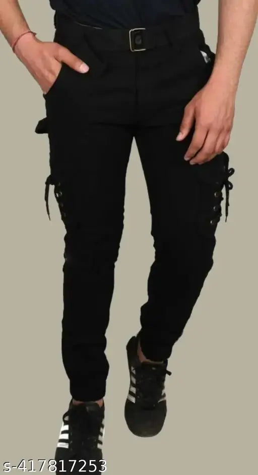 Black men's cargo jeans with side pockets and zip fly