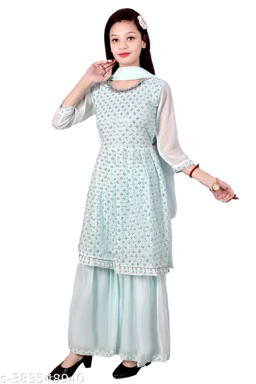 Sky Blue Georgette Sharara Set, ethereal and embellished for festive occasions