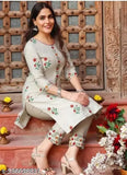 Woman's formal embroidered kurta set, with bottom, in navy blue on porch