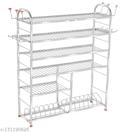Stainless steel 6-shelf wall mount kitchen utensils rack. Lower 2 shelf with plate and cutlery stand