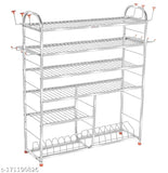 Stainless steel 6-shelf wall mount kitchen utensils rack. Lower 2 shelf with plate and cutlery stand