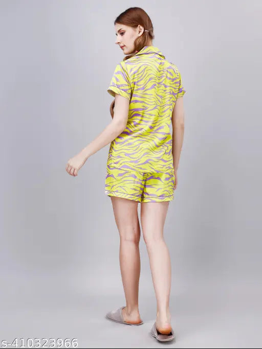 Yellow Shiashi printed satin night suit set (top and shorts), featuring short sleeves and a matching design on both top and bottom