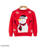 Kids snowman sweater for Christmas, printed acrylic long-sleeved sweater in festive design. Sizes: 6-12M, 3-4Y, 5-6Y (Chest: 10in, 13in, 14in; Length: 12in, 17in, 19in). Made in India