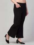 Black cotton blend bell-bottom pants for women, solid design, premium quality, comfortable fit, India origin