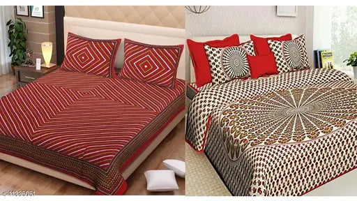 Jaipuri print polycotton double bedsheet set with 4 pillow covers, Lahriya pattern and Jaipuri design, Indian-made for Queen size beds