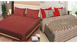 Jaipuri print polycotton double bedsheet set with 4 pillow covers, Lahriya pattern and Jaipuri design, Indian-made for Queen size beds