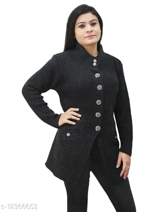 Matelco women's solid high black wool sweater with long sleeves, high-quality knitwear on hanger