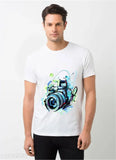 White round neck polyester camera-themed tshirt for women and ladies, printed with colorful photography motifs and Hamsa print