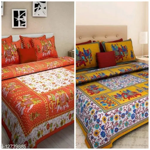 Cotton multipack, pack of 2 queen-sized bedsheets with 4 pillow covers and 144 thread count from India