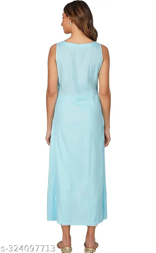Women's linen-cotton lurex sleeveless kurta with side slit, vibrant Indian party wear in various sizes S to XXXL