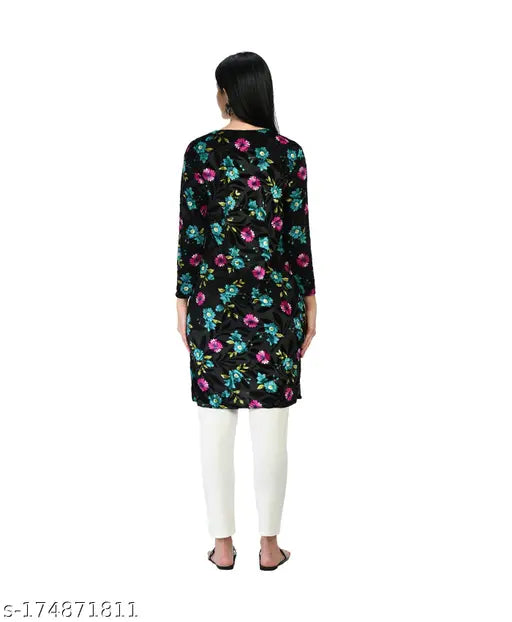 Indistar Women's Digital Printed Velvet Long Kurti for Winter, 100% cotton, black and floral design