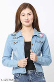 Embroidered denim women's jacket (S-XL), classic style with shank buttons, chest pockets, and long sleeves. Multicolor options available for versatile wear