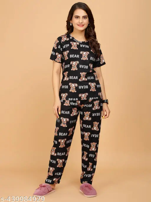 Printed polycotton women's nightsuits set, pack of 2 - Short sleeved pyjamas in sizes S-XXL. Made in India