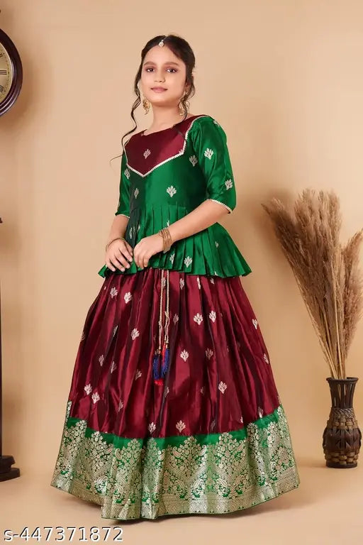 Cotton silk and silk dupatta Lehenga Choli for kids, 2 sets in various sizes from 12 months to 12 years, Indian Zari woven and stitched net design, short sleeves, handcrafted
