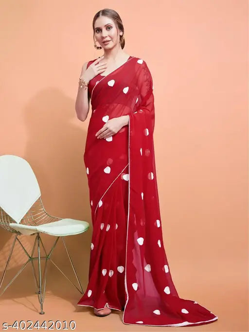 Red and white saree with heart motif