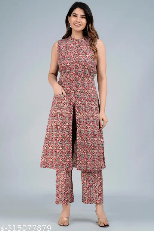 Printed cotton cambric sleeveless kurta set with palazzos, India origin, front slit A-line design