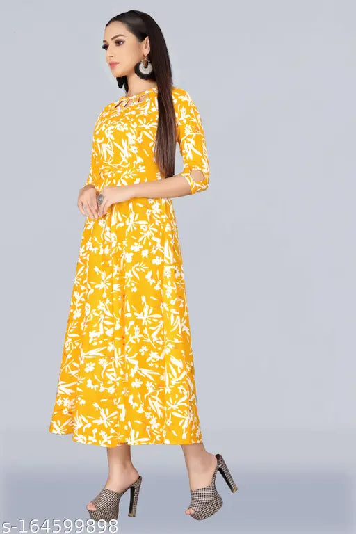 Yellow rayon high neck gown with three keyhole details
