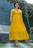Hand block printed rayon Anarkali Kurti in mustard color, three-quarter sleeves, women's party wear fashion
