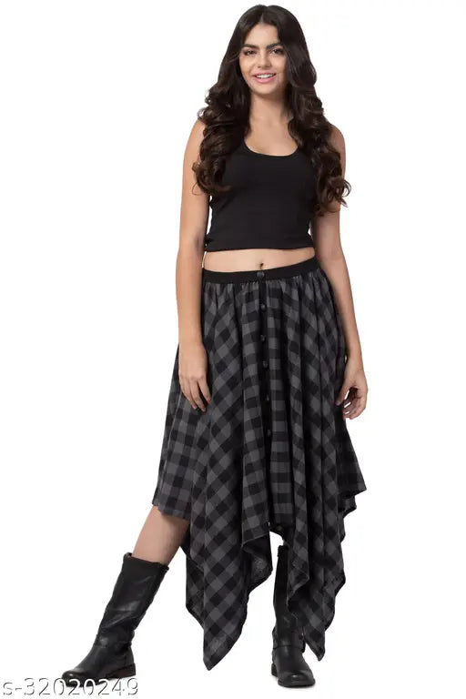 Grey checkered long cotton skirt for women, unique asymmetrical design with elastic closure and mock button, Hive91 party wear