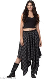 Grey checkered long cotton skirt for women, unique asymmetrical design with elastic closure and mock button, Hive91 party wear