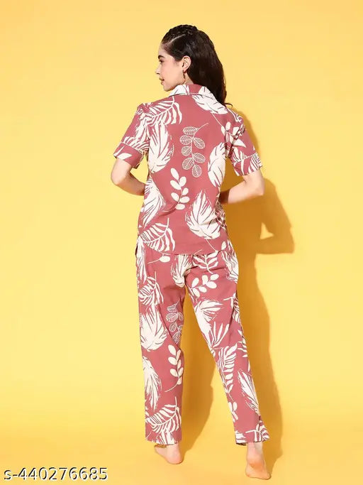 Dusty pink cotton coord lounge wear night suit set, printed pattern, pyjamas style for relaxed comfort at home