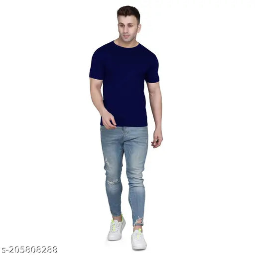 Navy cotton half sleeve round neck men's t-shirt - perfect for gym & sports, designer solid plain style