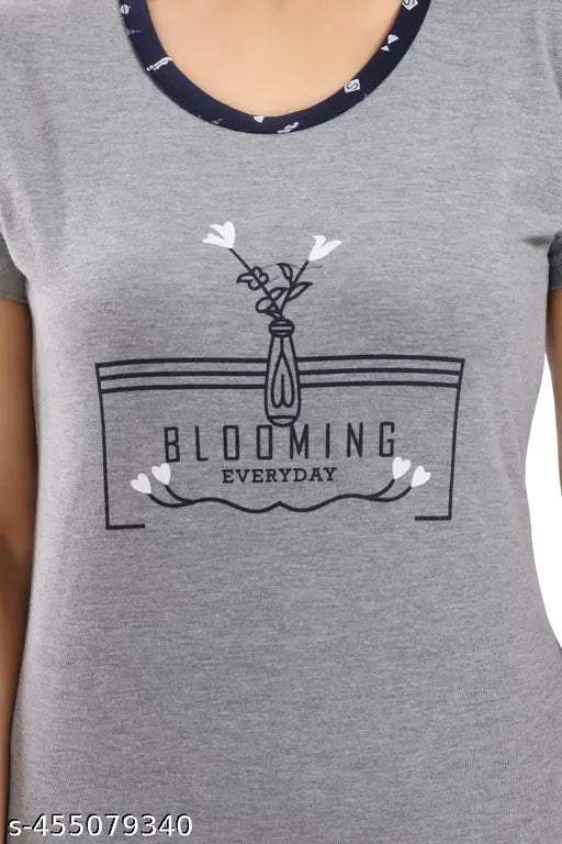 Printed hosiery night suit for women, vibrant patterns on a short-sleeved T-shirt dress, above knee length, 100% cotton fabric