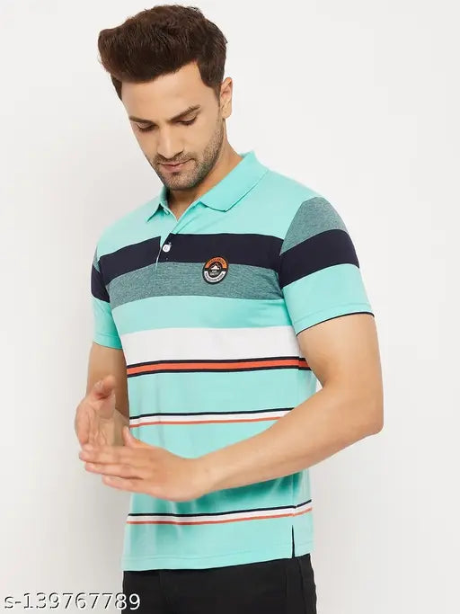 Cotton striped half sleeve polo t-shirt for men, Indian brand, short sleeves, size M (40in chest, 28in length)