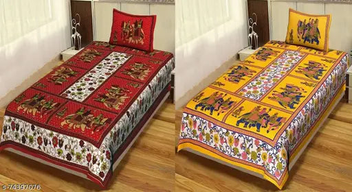Cotton Jaipuri single bed sheets set, 2 bedsheets & 2 pillow covers, Indian-printed home textiles
