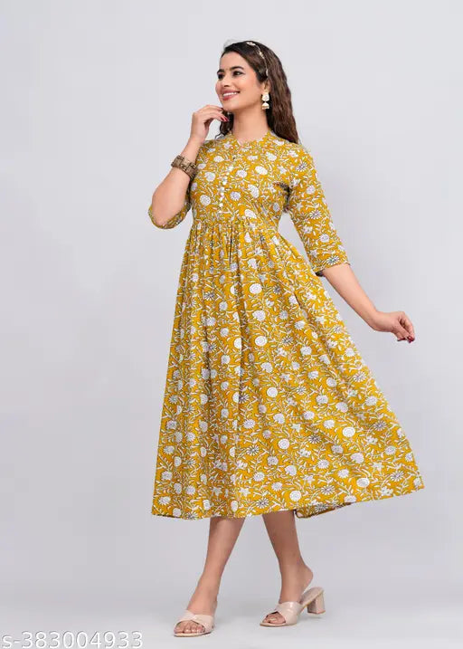 Sanganeri print rayon kameez womens long length dress printed with yellow flowers